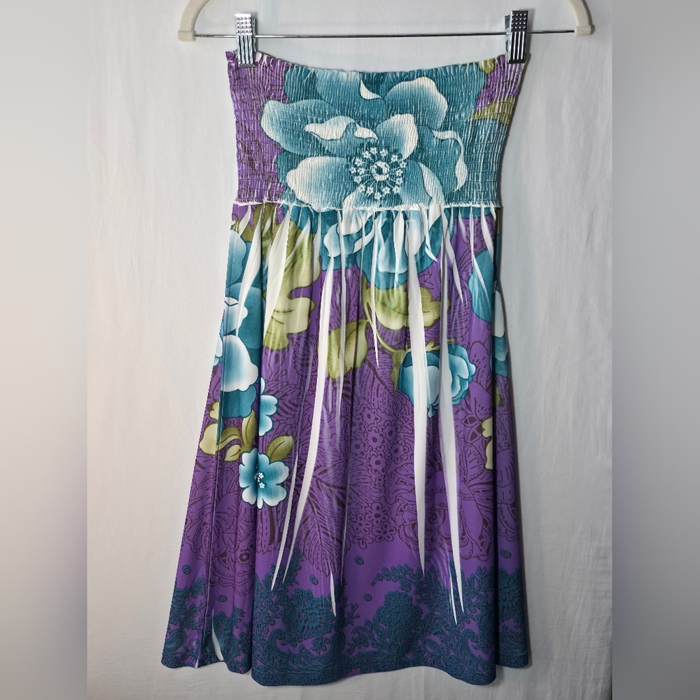 Shasa Collection Y2K Purple Floral Smocked Tube Dress Tropical Boho Beachy